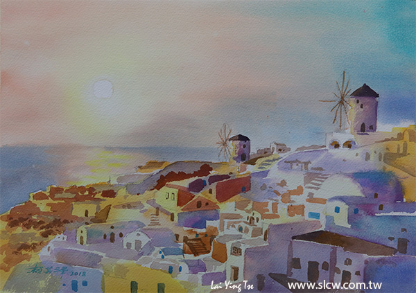 Santorini_Greece_聖托里尼斜陽_水彩_painted by Lai Ying-Tse